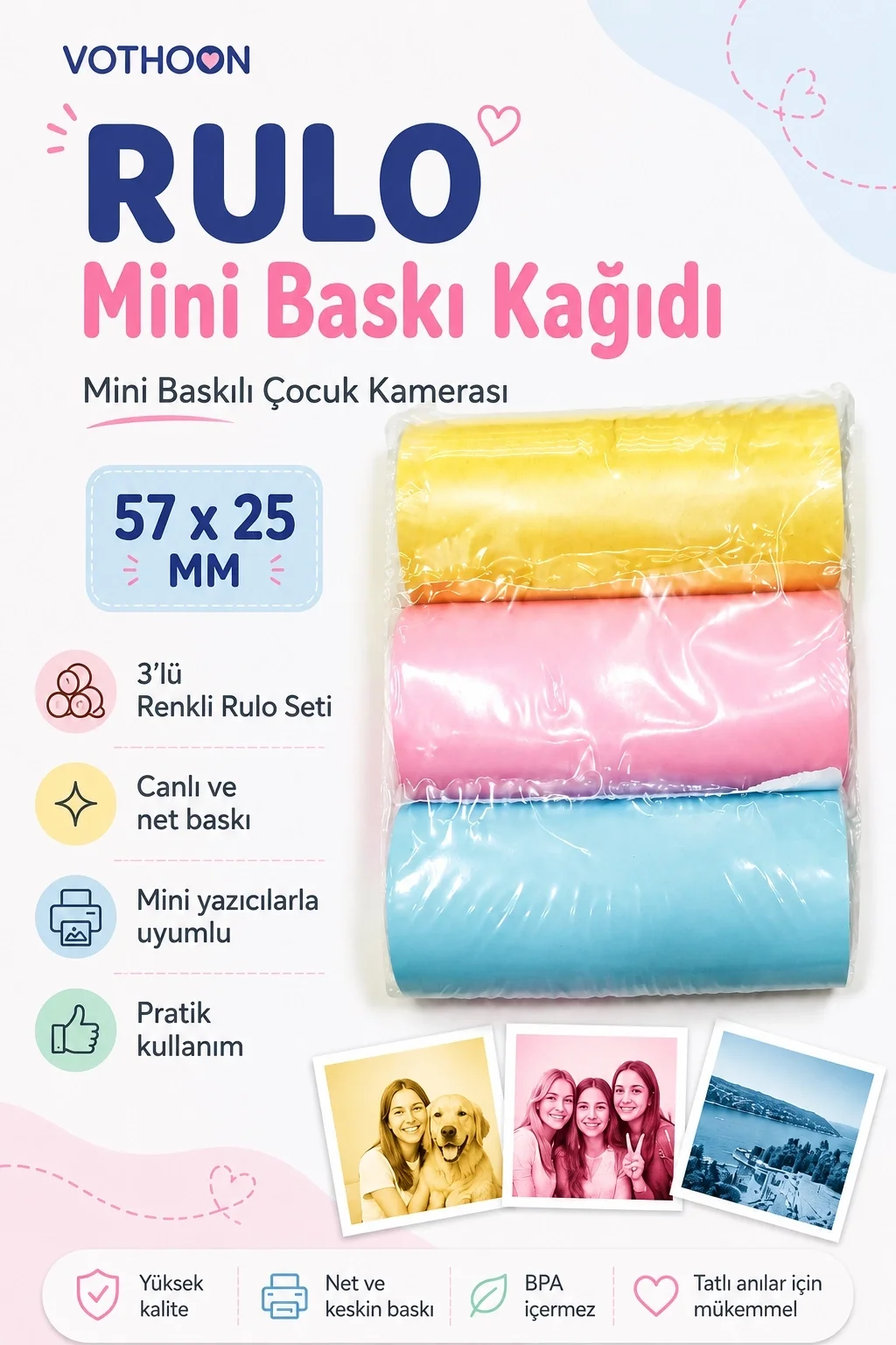 Çocuk Fotoğraf Makinesi Yedek Termal Baskı Kağıdı Renkli (3 Lü Rulo) – 57x25mm görsel 2