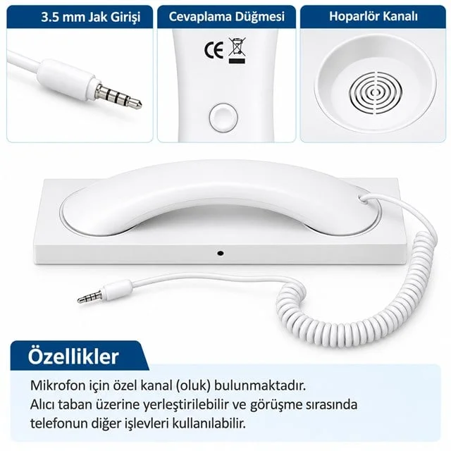 PM-39122 Retro-Nostaljik 3.5mm Girişli Beyaz Telefon Ahizesi görsel 3