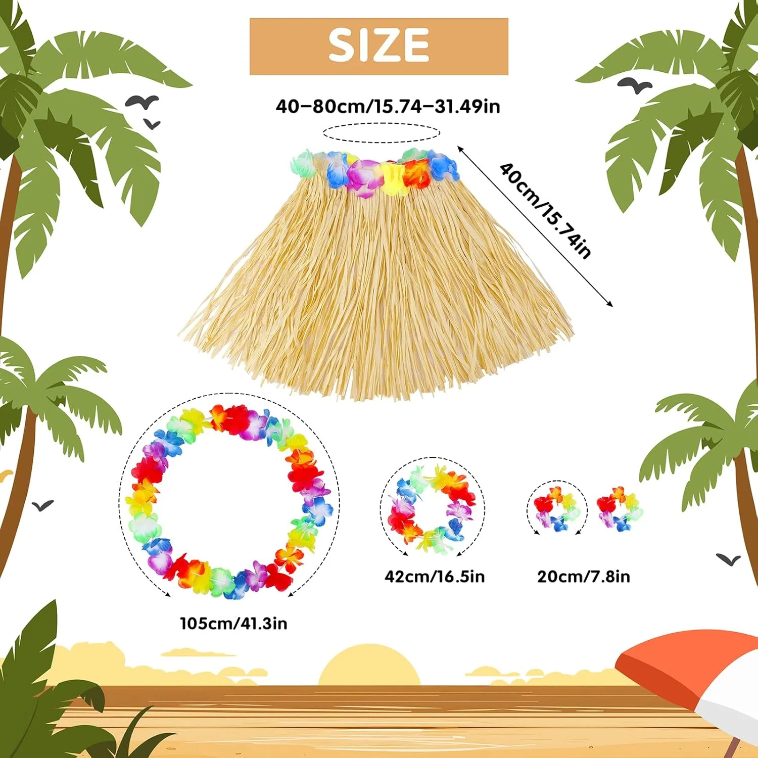 Yetişkin Çocuk Hawaii Parti Seti - 40 cm Naturel Etek + Çiçek Aksesuarlar (5 Parça) görsel 3