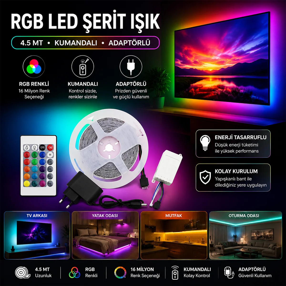 4.5 m RGB LED Şerit 54 LED/m Kumandalı Adaptörlü görsel 2