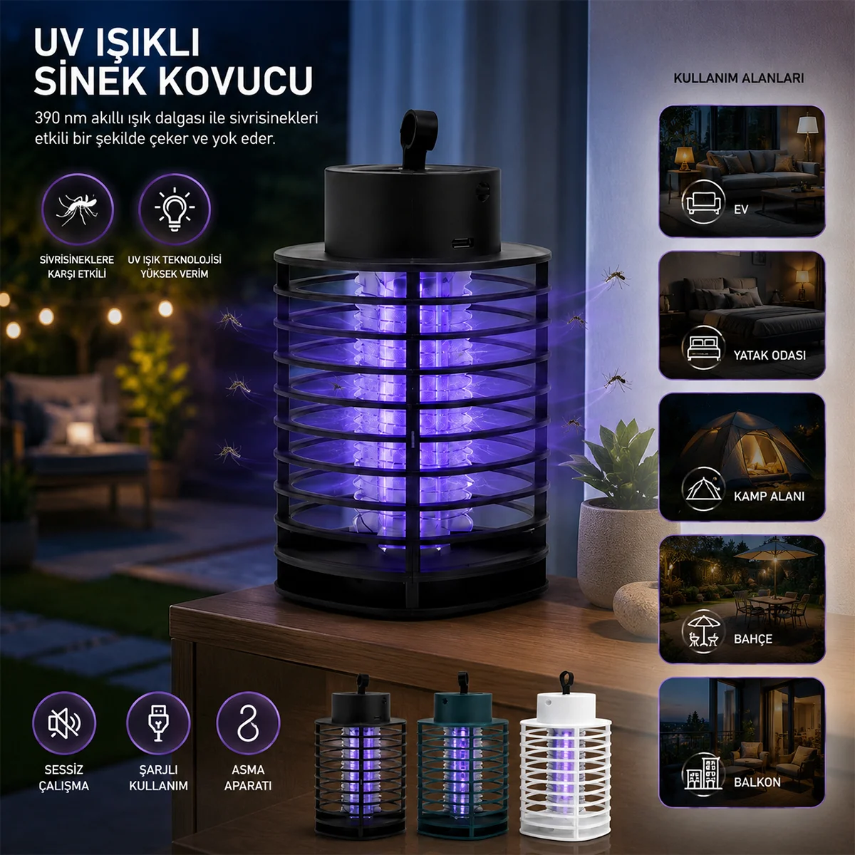 USB Şarjlı UV Işıklı Sinek Kovucu (Asma, Sessiz) görsel 3