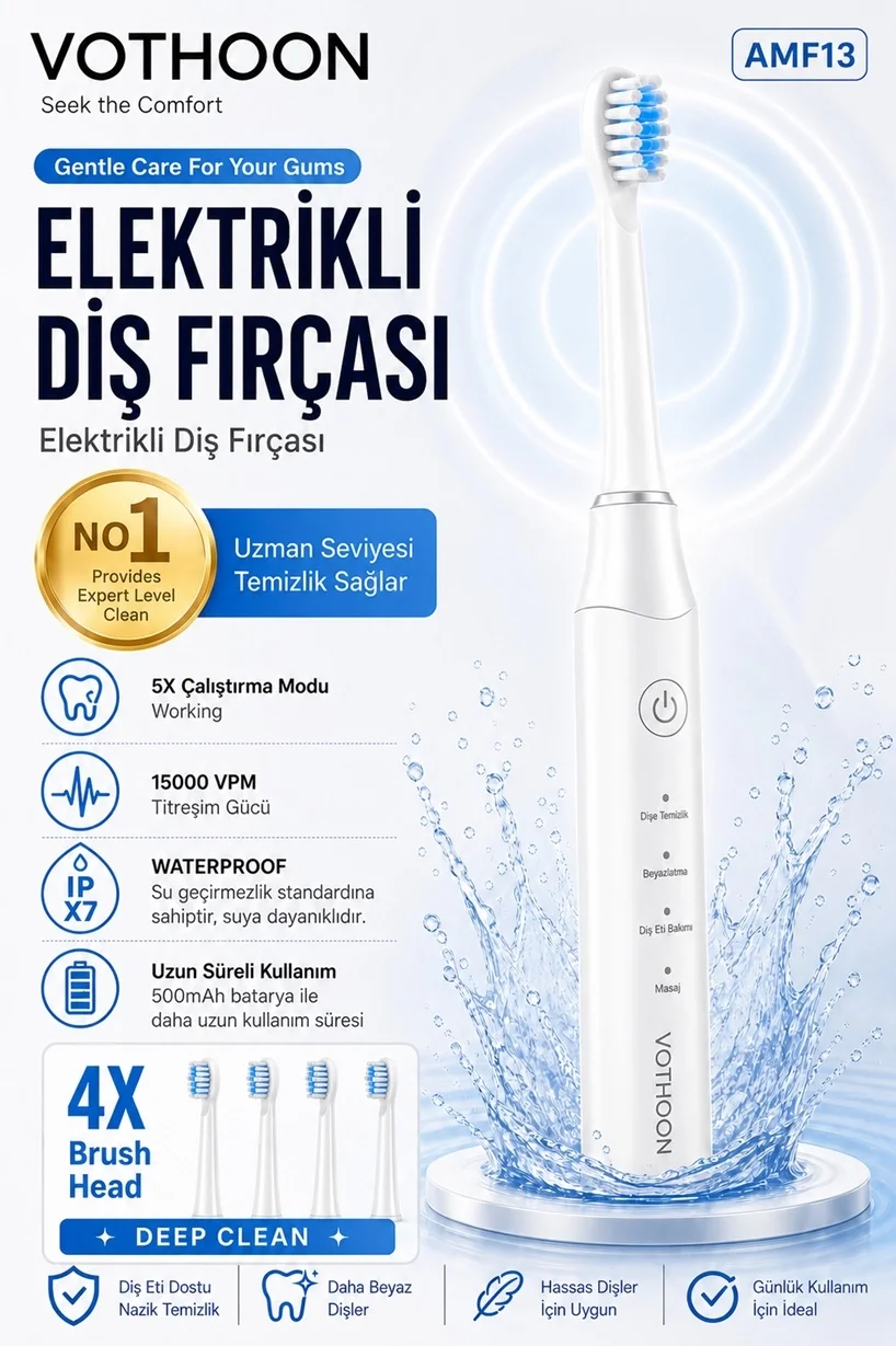 Şarjlı Diş Fırçası 15000 VPM Titreşim Gücü, 500mAh Batarya, 5 Temizlik Modu beyaz