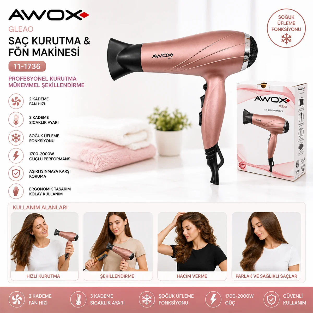 Saç Kurutma Makinesi 1700-2000W (Rose Gold) görsel 3