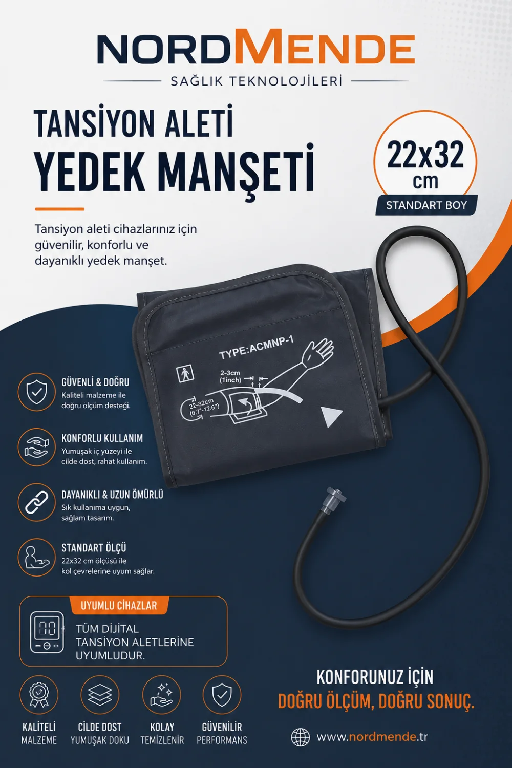 NORDMENDE Dijital Tansiyon Aleti Manşeti 22-32 cm Evrensel Yedek Kol Manşeti Tüm Dijital Tansiyon Aletleri ile Uyumlu "Dijital Tansiyon Aleti Manşeti 22-32 cm Evrensel Yedek"