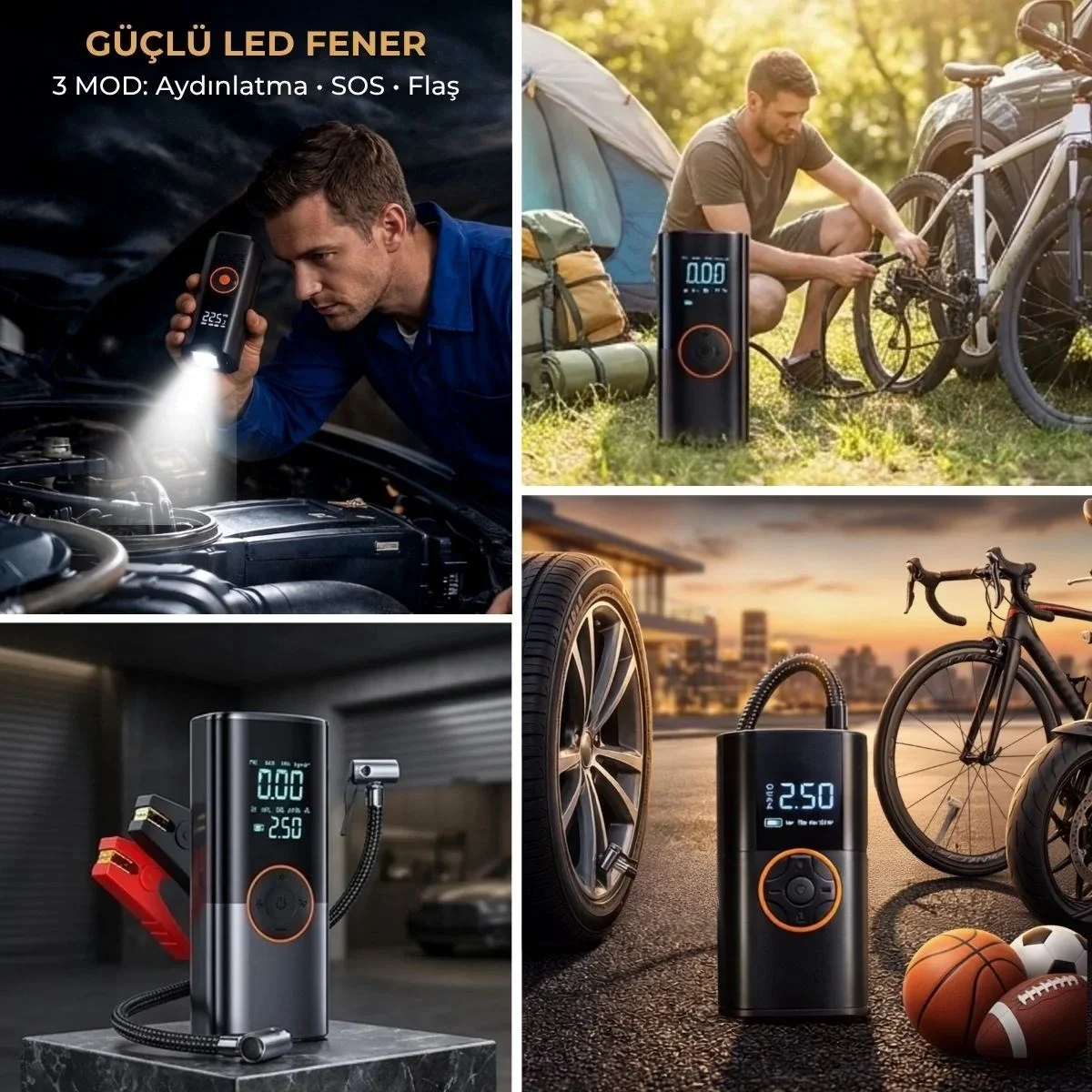 Akü Takviye Cihazı ve Lastik Şişirme Pompası – Powerbank Özellikli, Dijital Ekranlı SOS Fenerli Taşınabilir Kompresör görsel 4
