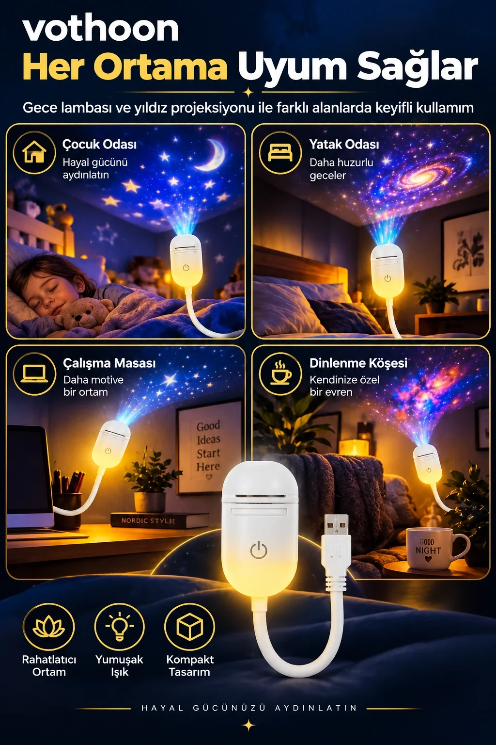 24 Film Diskli Galaksi Uzay Projektörü USB Tak Çalıştır Çocuk Odası Projeksiyon Gece Lambası görsel 3