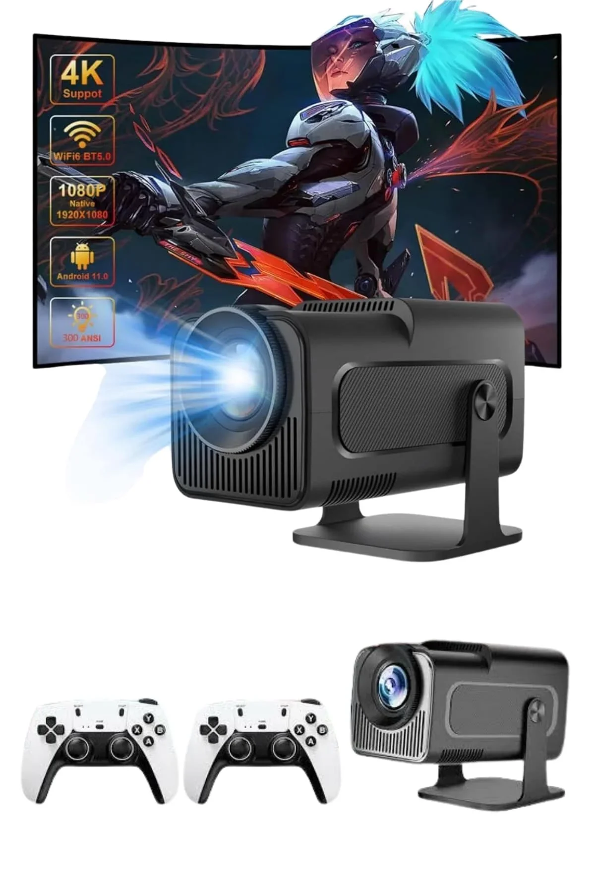 4K Android Smart Wi-fi Çift Kollu Projeksiyon Game Box Kumandalı Taşınabilir görsel 4
