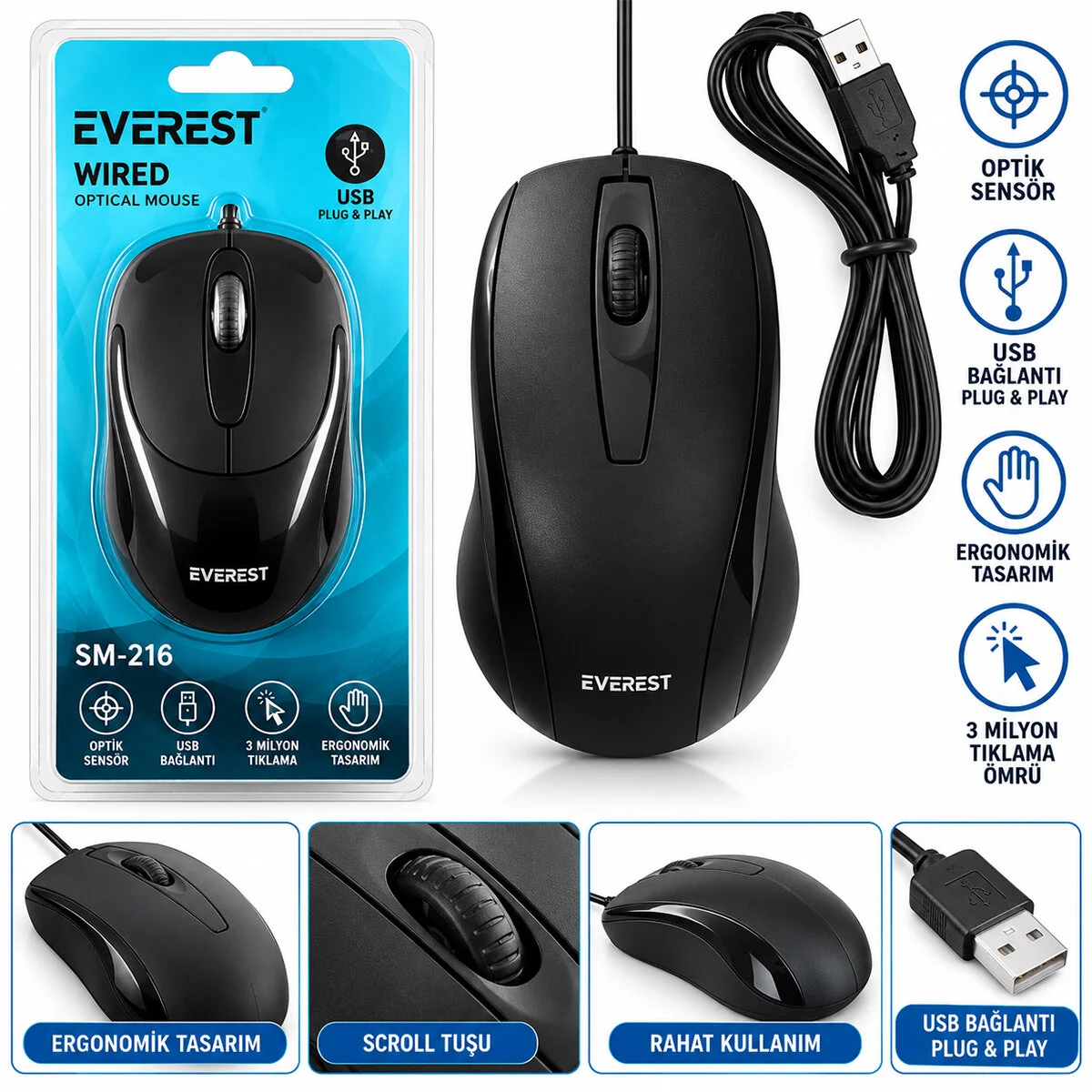 Kablolu Usb - Işıklı Siyah Optical Mouse 1200 Dpı SM-216