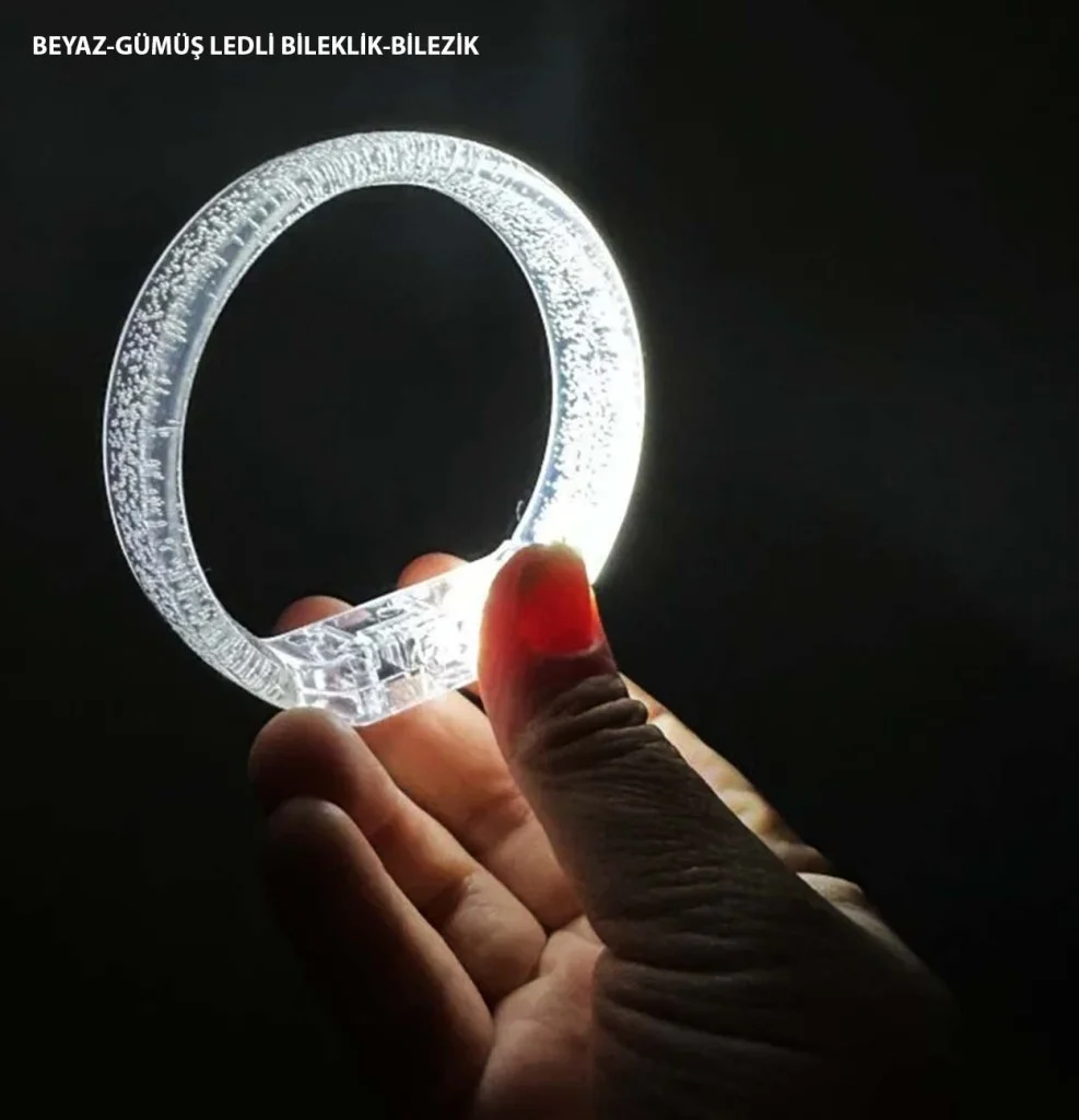 Beyaz-Gümüş Led Işıklı Baskı Yapılabilen Pilli Bileklik Bilezik 1,5 cm Genişlik görsel 2