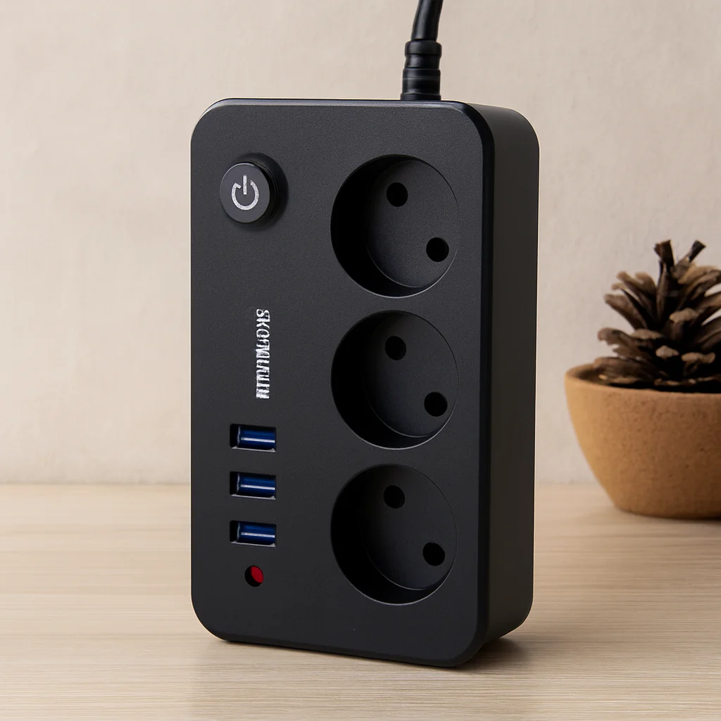 Termal akım korumalı uzatma kablo 3 prizli 3 USB anahtarlı siyah 2MT