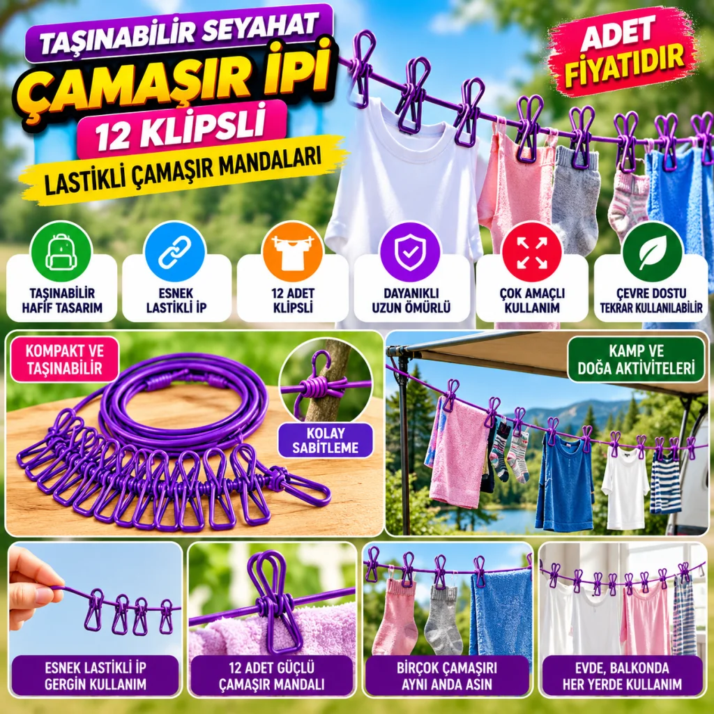 Taşınabilir Seyahat Çamaşır İpi 12 Mandallı Klipsli Lastikli Çamaşır Mandalları (adet fiyatıdır)