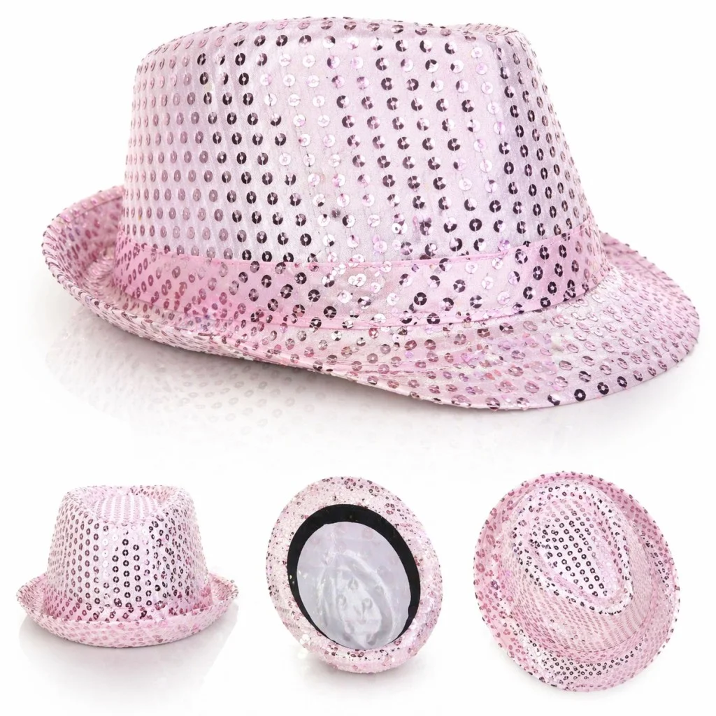 Pembe Payetli Disco Parti Şapkası Yetişkin Işıltılı Fötr Model görsel 2