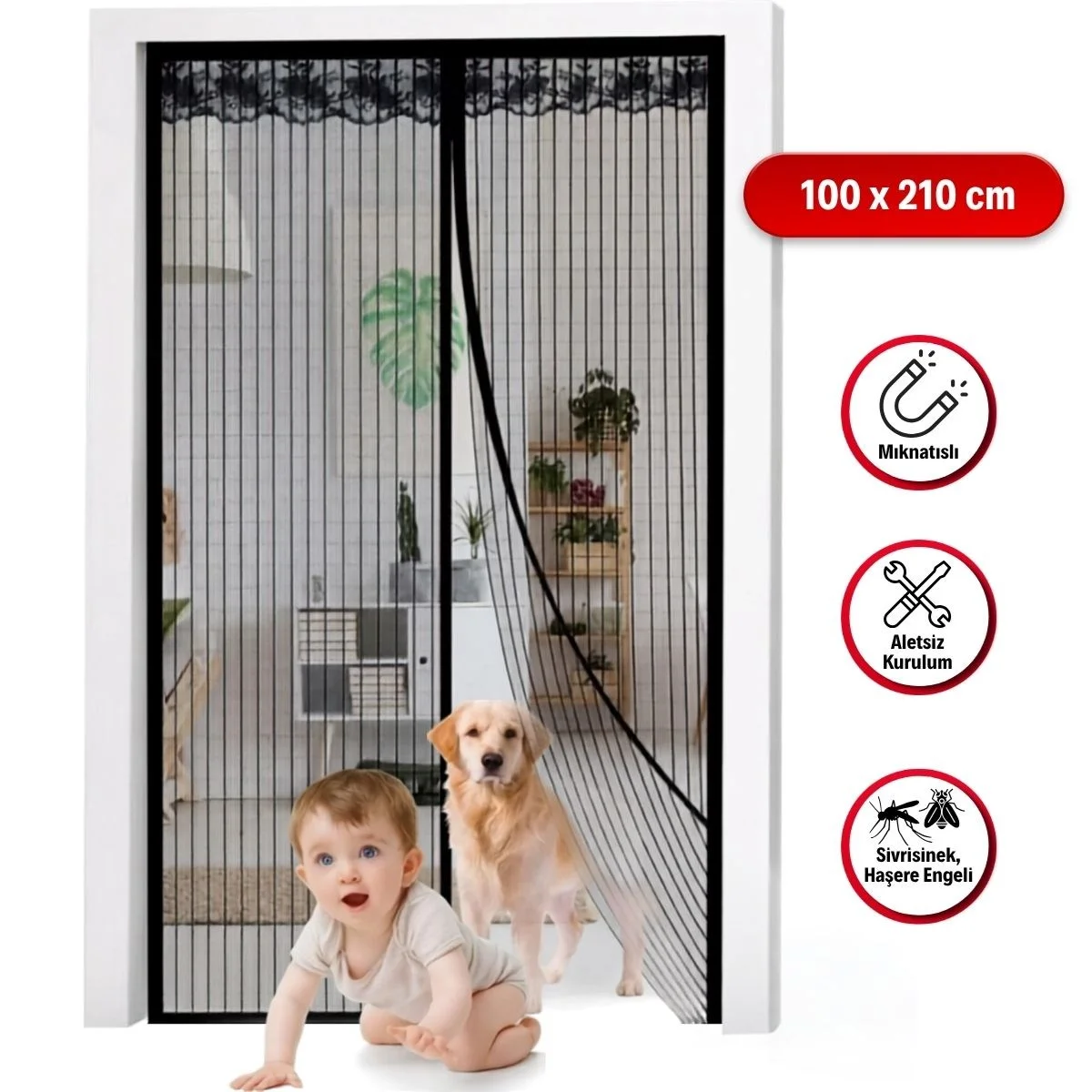 Mıknatıslı Kapı Sinekliği Siyah 100x210 cm Otomatik Kapanan Manyetik Tül Sineklik