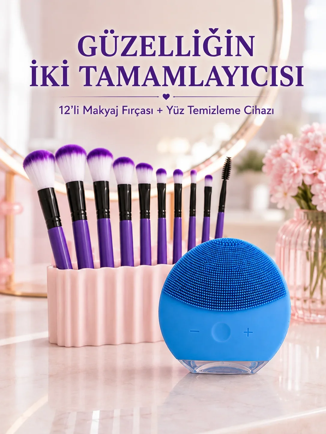 12’li Mor Makyaj Fırça Seti ve Silikon Yüz Tezleme Cihazı İkili Makyaj ve Cilt Bakım Seti