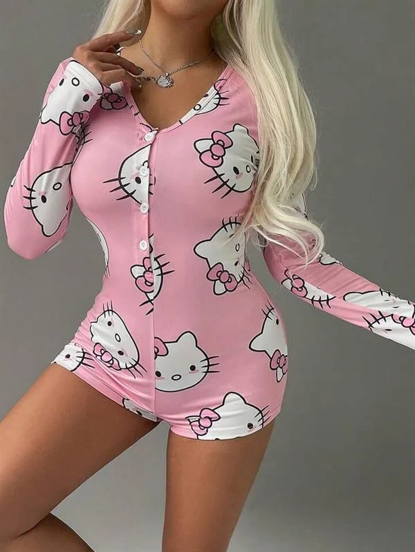 Pamuklu Pembe Hello Kitty Desenli Düğmeli Uzun Kol Tulum Pijama görseli