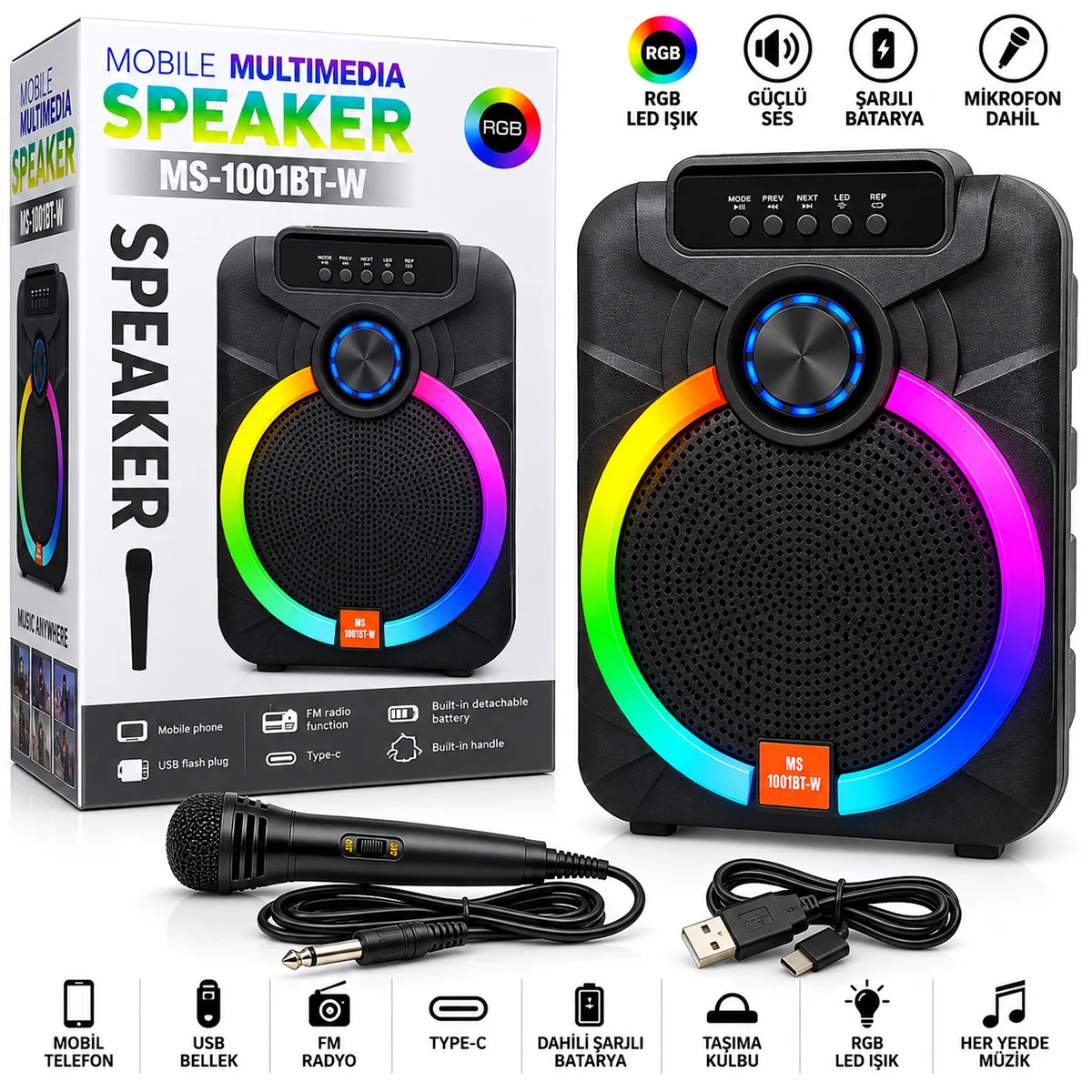 10" Karaoke Bluetooth Hoparlör (Mikrofonlu, Şarjlı, RGB) görsel 2