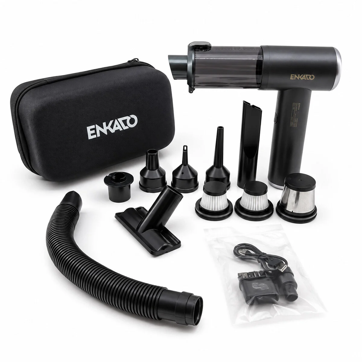Oto Araç - 2IN1 Şarjlı 100W - 17000PA 9 Başlık - 3 Filtre El Tipi Basınçlı Hava Üfleme - Araç Süpürge Makinesi Taşıma Çantalı EKD-SP10