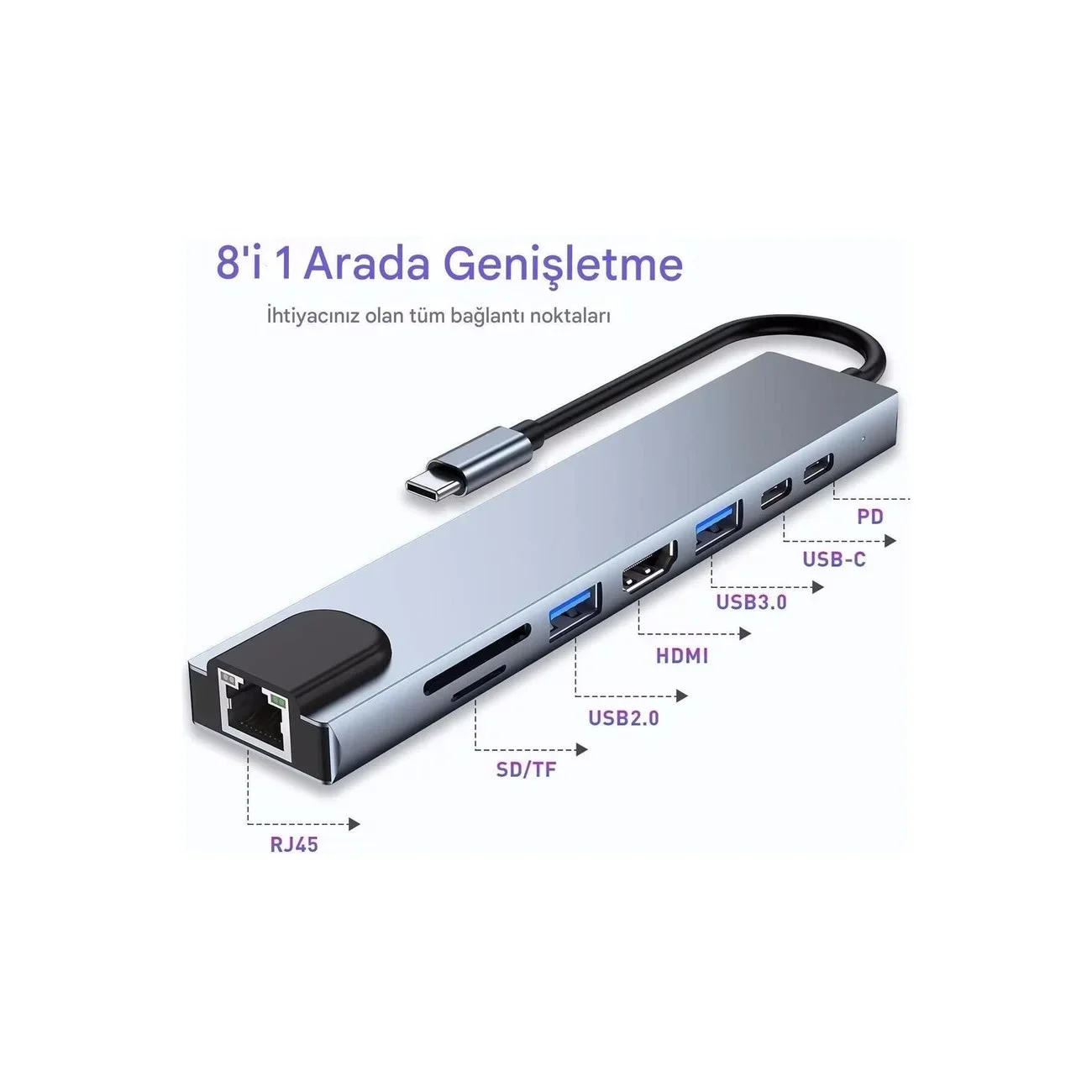MacBook ve Laptop Uyumlu Çok Fonksiyonlu USB-C Dönüştürücü - Alünyum Gövdeli Hub