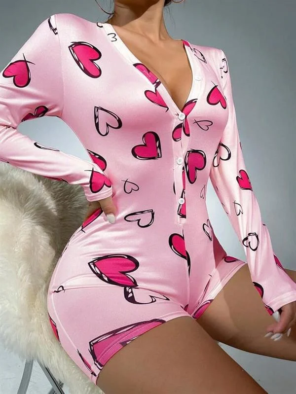 Pamuklu Pembe Kalp Desenli Düğmeli Uzun Kol Tulum Pijama görseli