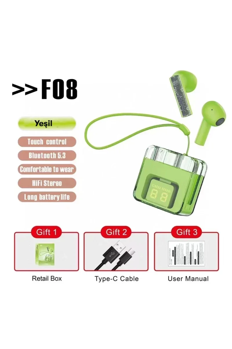Karler Bass F08 Dijital Şarj Göstergeli TWS Bluetooth Kulaklık - Yeşil