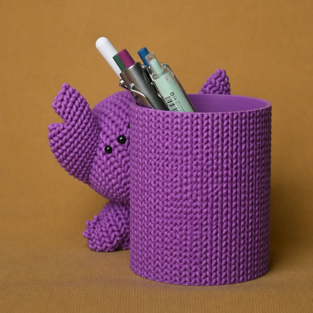 3D Baskı Knitted Kalemlik - Sevimli Karakterli Masaüstü Kalem Organizeri-Mor görsel 2