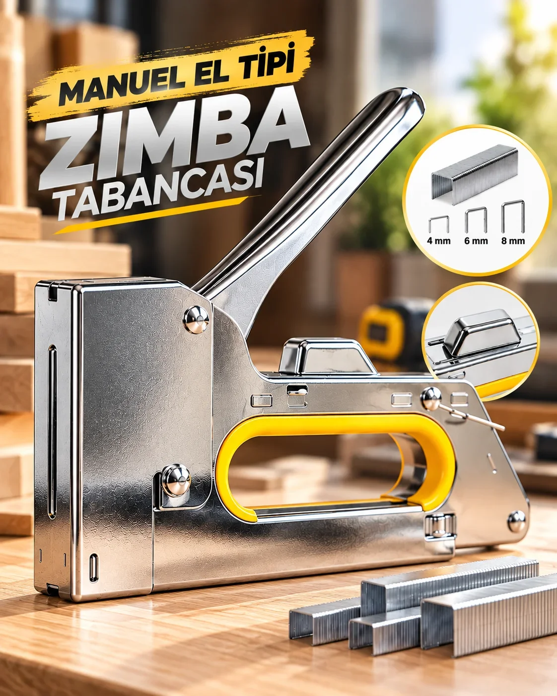 El Tipi Manuel Zımba Tabancası 4-6-8 mm No.13 Ergonomik Tutma Kollu Çok Amaçlı Zımba Makinesi