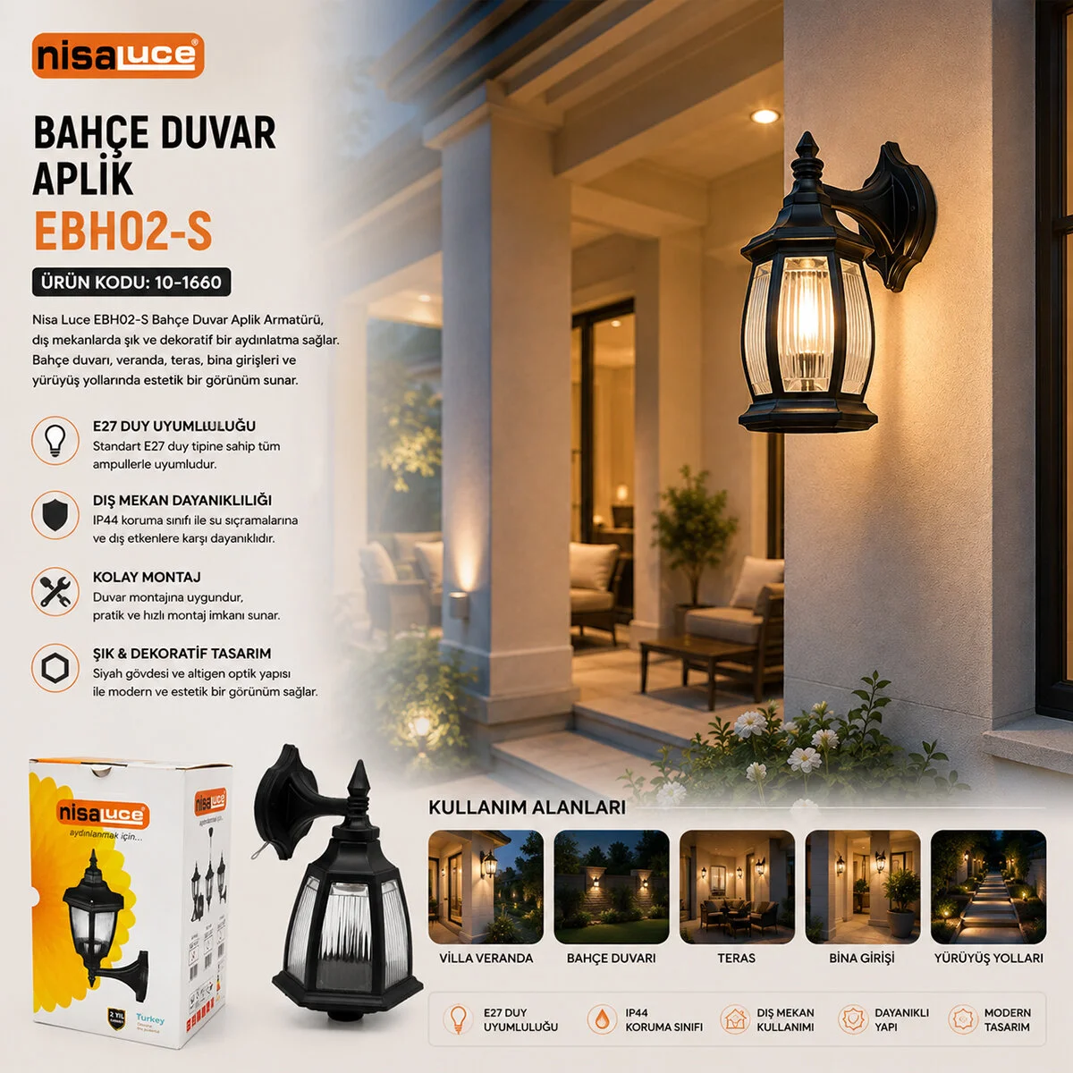 E27 - IP44 Siyah 60W Duvar Aplik Bahçe-balkon Sokak Lambası - Armatür EBH02-S görsel 2