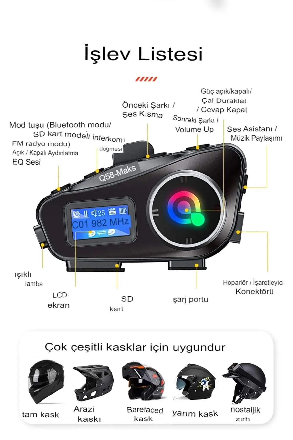 Q58-MAX Radyolu 2 Kişi Bağlantılı Bluetooth Kask Kulaklık Ekranlı Fenerli Müzik ve Telsiz Intercom görsel 2