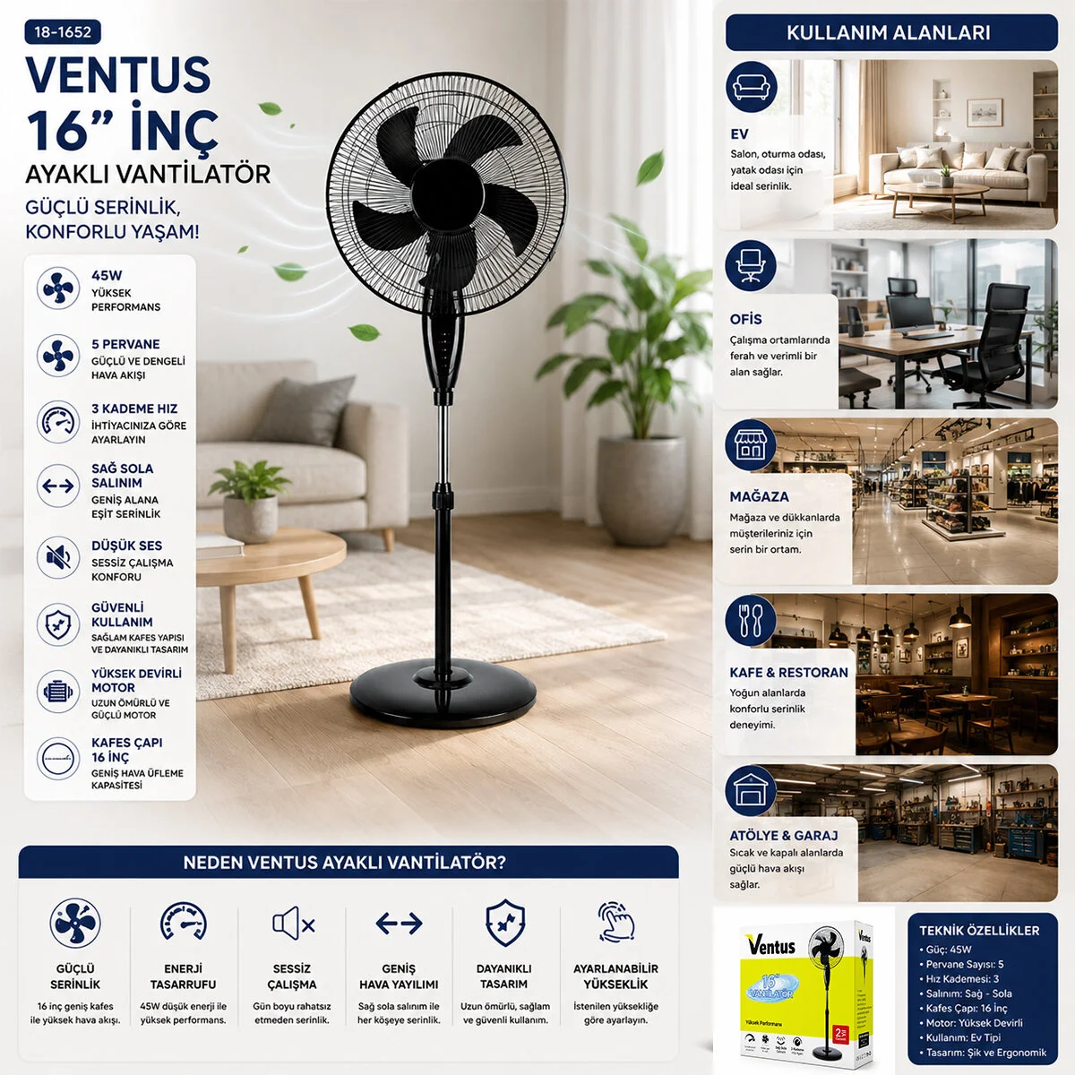 16 Inc İnç Ev Tipi Ayaklı Vantilatör 45W 5 Pls.pervane 3 Kademe Hız Fan görsel 2