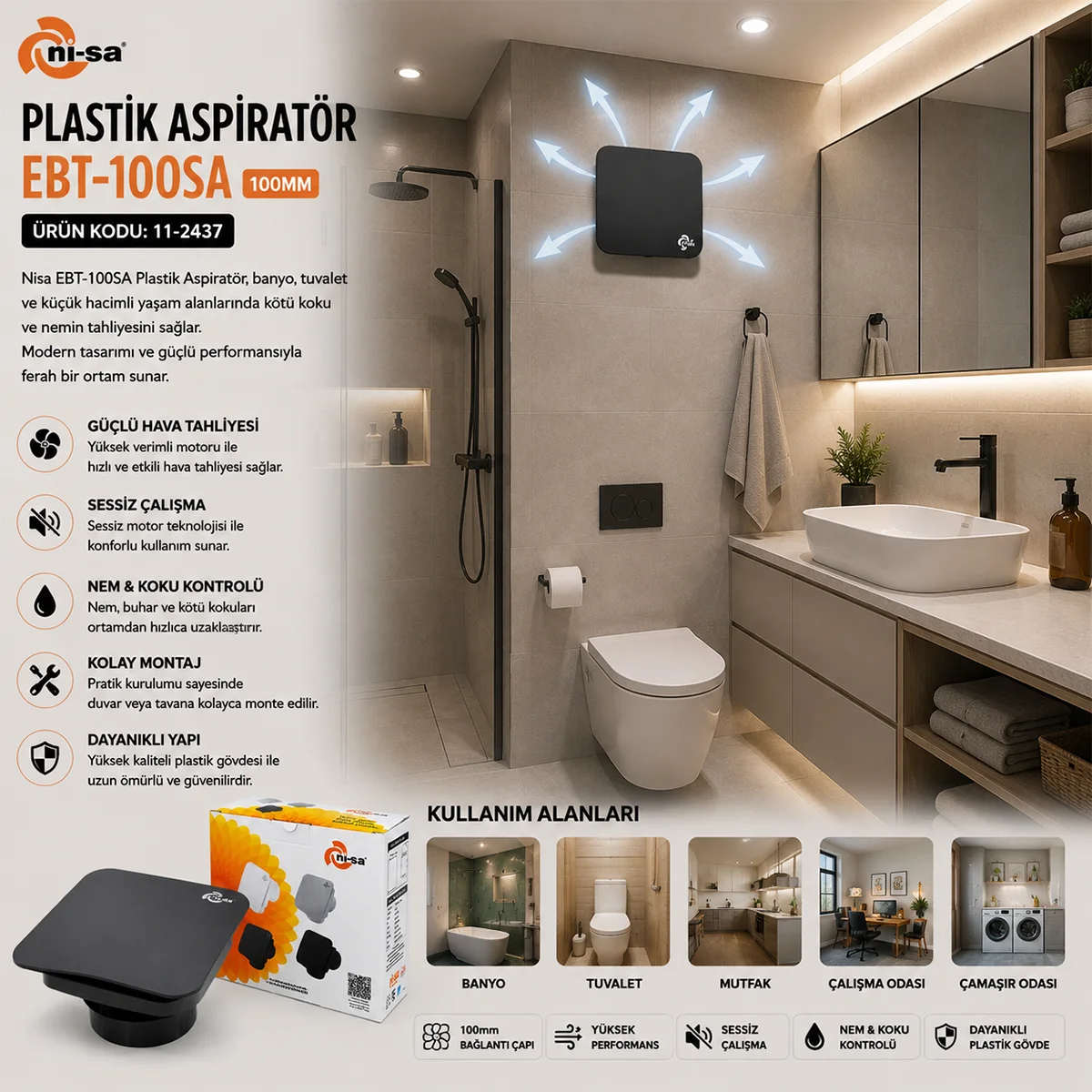 100 mm Plastik Banyo Tuvalet Aspiratör 12W Antrasit görsel 4