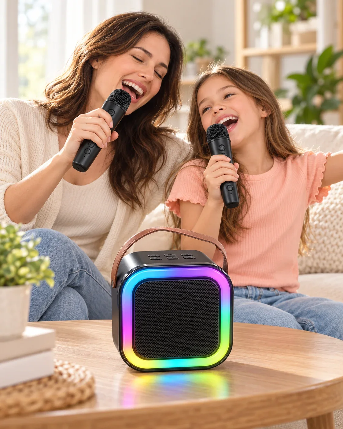 Renkli LED Aydınlatmalı Taşınabilir Bluetooth Hoparlör ve 2 Mikrofon Seti görsel 3