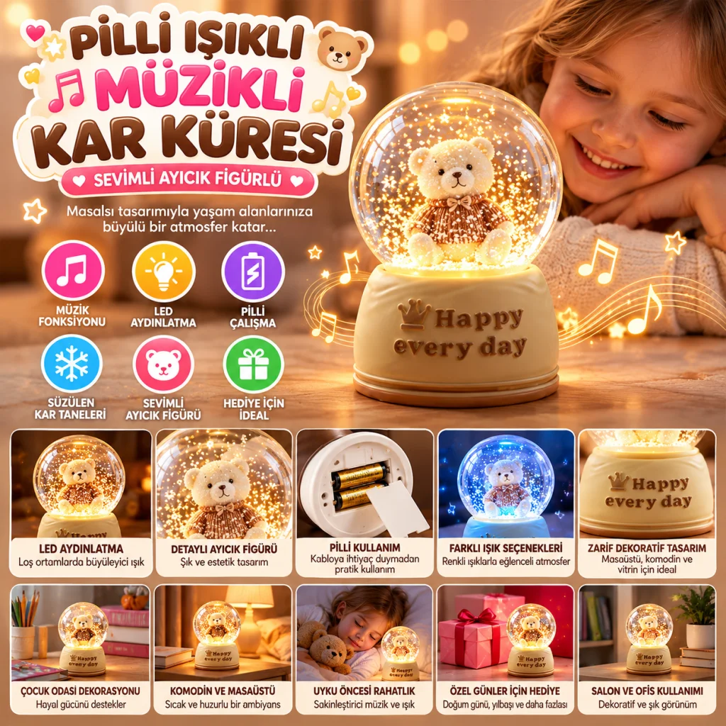 Pilli Işıklı Müzikli Kar Küresi–Sevimli Ayıcık Figürlü Eğlenceli Masaüstü Biblo, LED Aydınlatmalı Dekoratif Hediyelik Kar Küresi