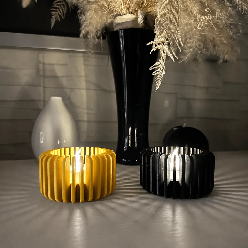 3D Baskı Modern Çizgili Mumluk - Tealight Mumluk (1 Adet)-Sarı görsel 2