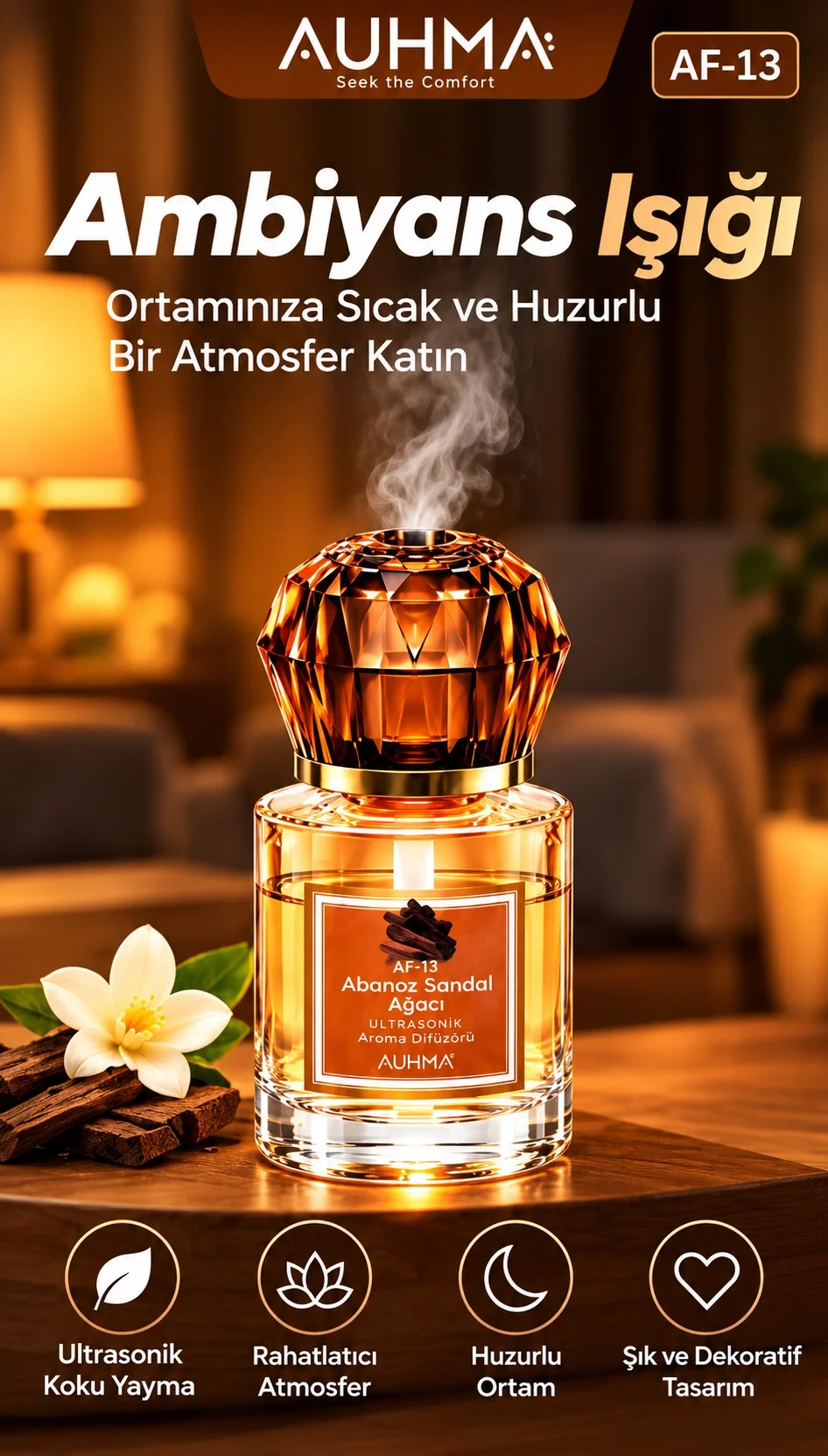 Ultrasonik Aroma Difüzörü 120 ML Abanoz Sandal Ağacı Kokulu LED Işıklı Araç ve Oda Kokusu görsel 5