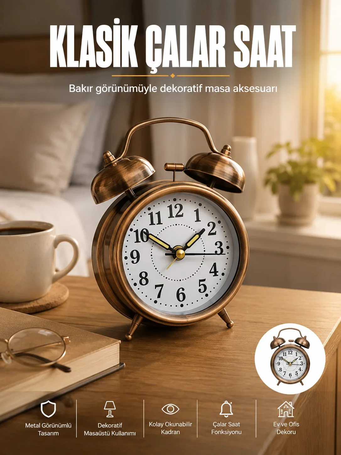 Metal Bronz Nostaljik Masa Saati Alarmlı Büyük Boy Sessiz Mekanizmalı