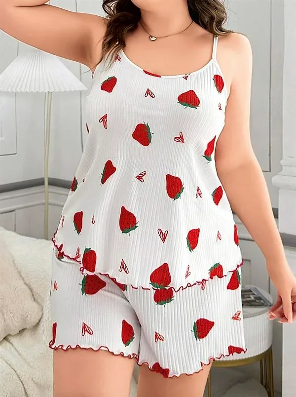 Büyük Beden Çilek Desen Pamuklu Şortlu Pijama Takımı görsel 2
