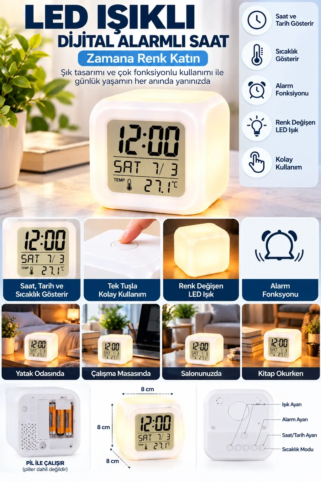 Modern Tasarımlı Küp Saat LED Aydınlatmalı Dijital Alarm Saati görsel 2