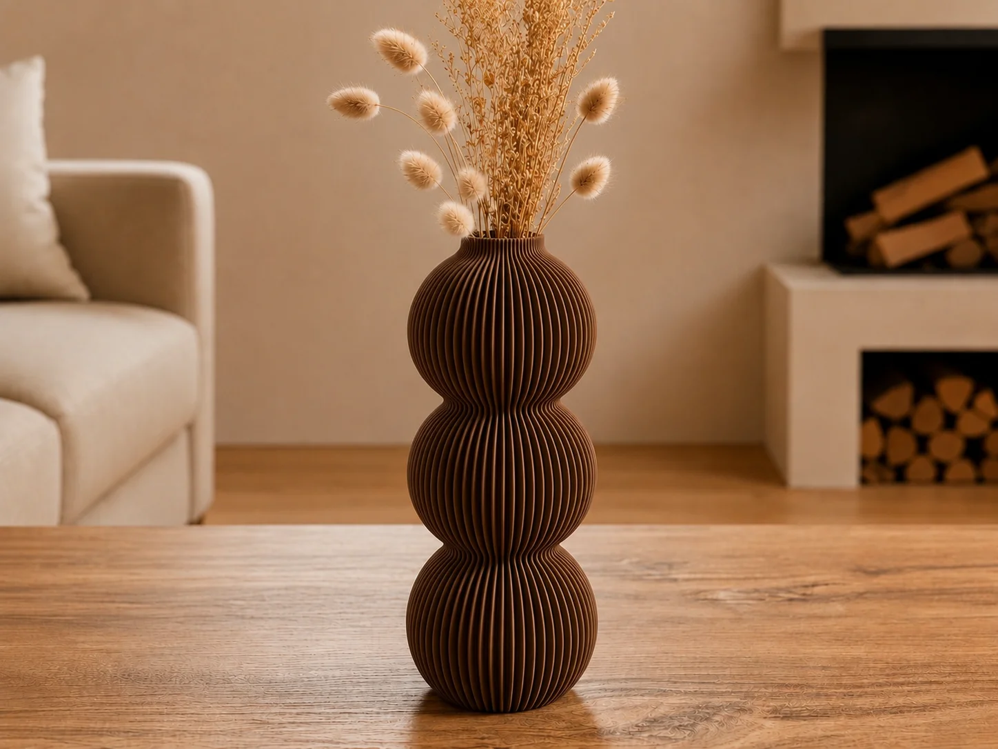 3D Baskı Modern 3 Küre Dekoratif Vazo - Minimal Çiçek Vazosu, Masaüstü Ev ve Ofis Dekoru-Kahverengi