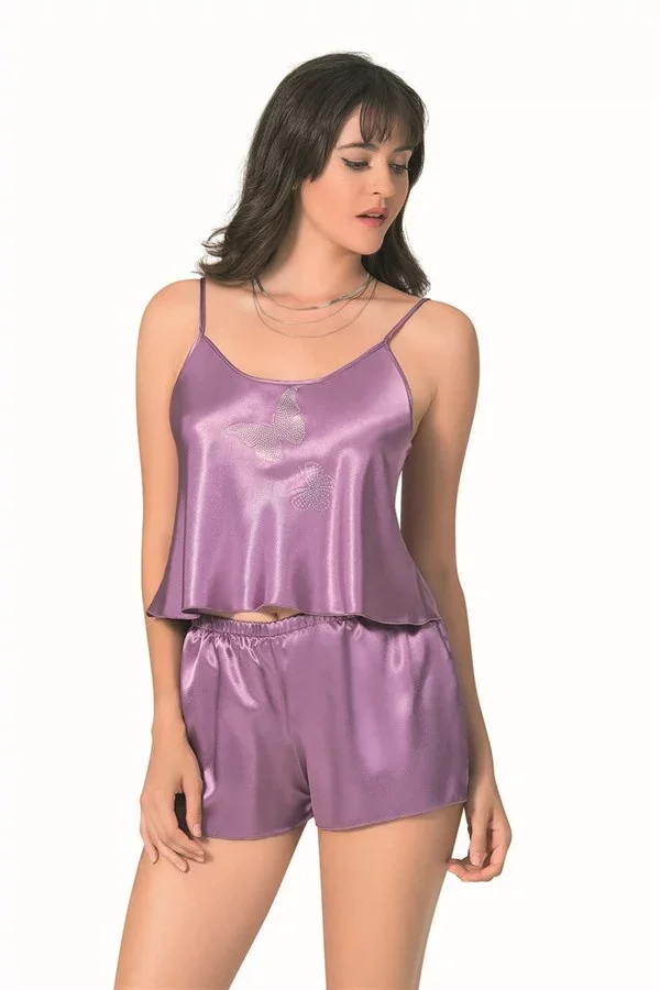 Lila Saten Babydoll Şort Takımı