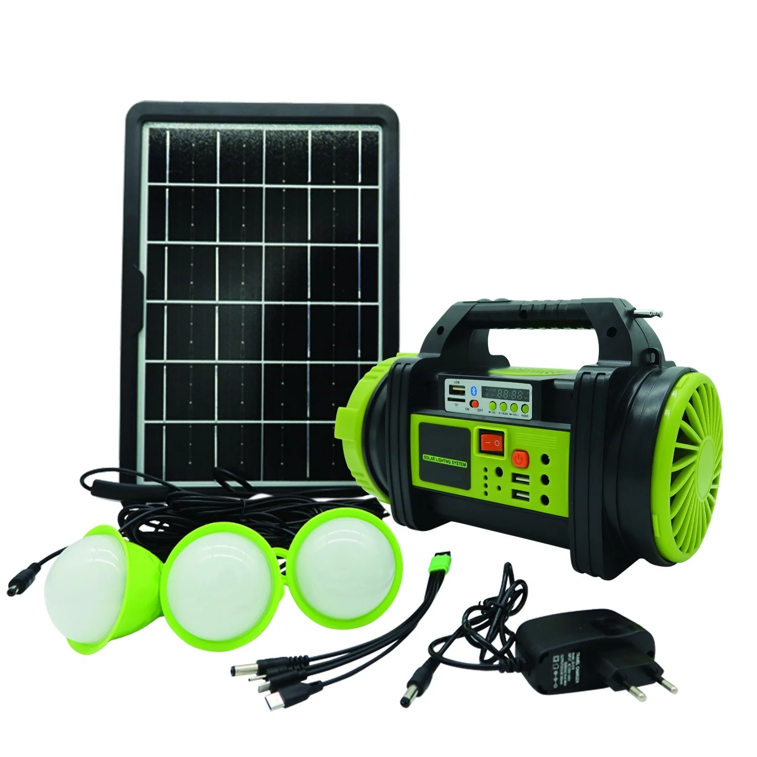 WS-5683 30W Şarjlı Solar Ev Aydınlatma Seti Radyo Fan Powerbank Spot Fener