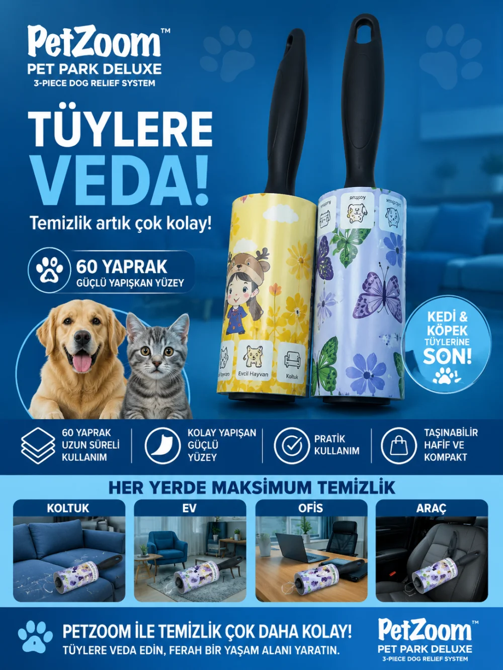 PETZOOM 60 Yaprak Tüy Toplama Rulosu Kedi Köpek Tüy Toplayıcı Ev Koltuk Araç Ofis Temizlik Rulosu görsel 2