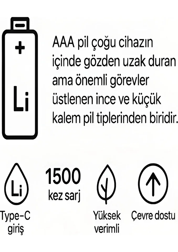 Type-c Şarjlı 800mwh 1.5v Şarj Edilebilir 2’li Aaa İnce Pil - Lityum Iyon Batarya görsel 3