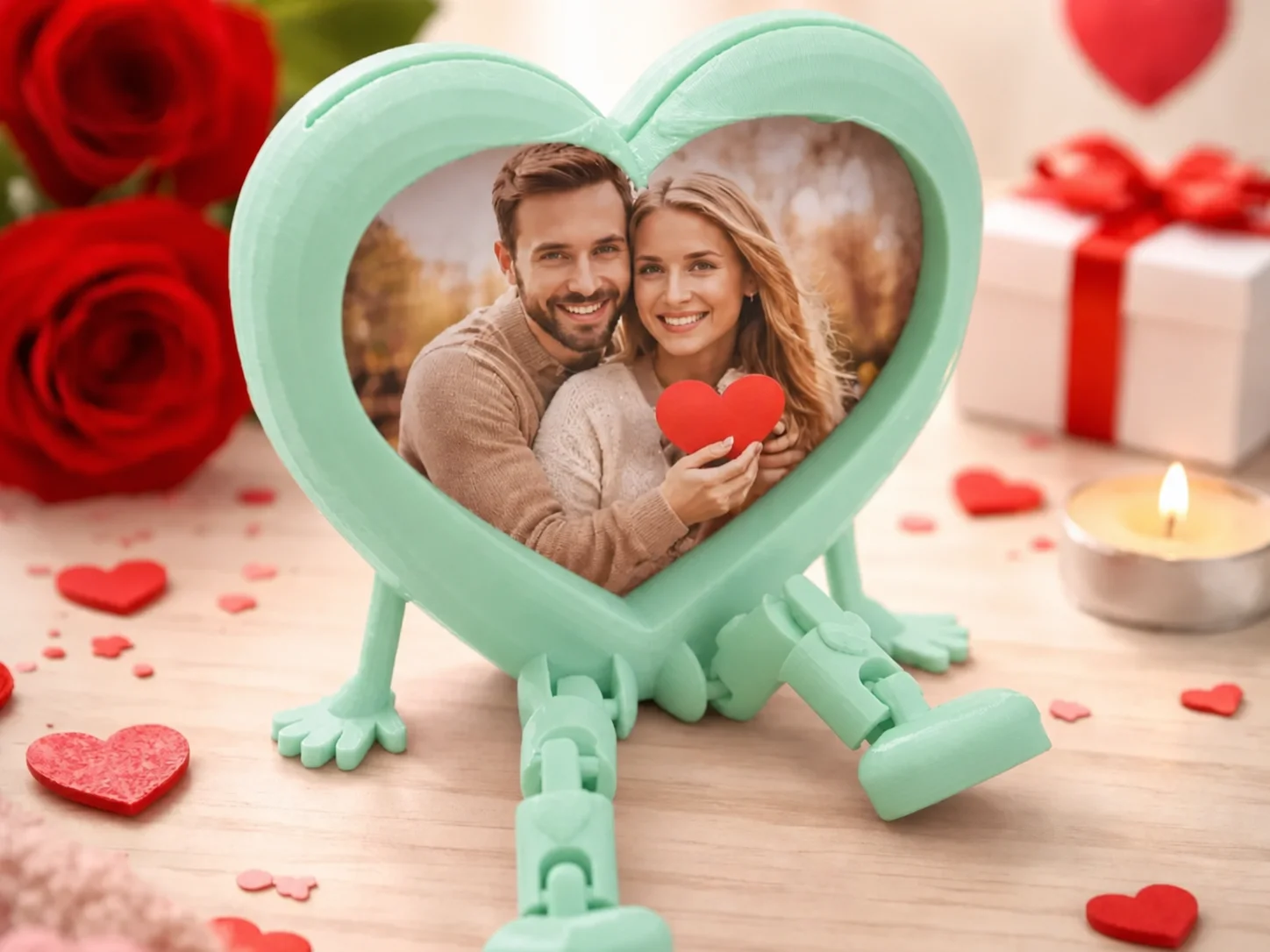 3D Baskı Aşk Kalpli Fotoğraf Çerçevesi - Hareketli Bacaklı Masaüstü Çerçeve-Mint