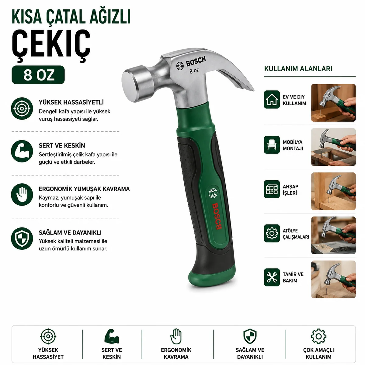 Kısa Çatal Çekiç 8 oz 16 cm Ergonomik Yumuşak Sap görsel 2