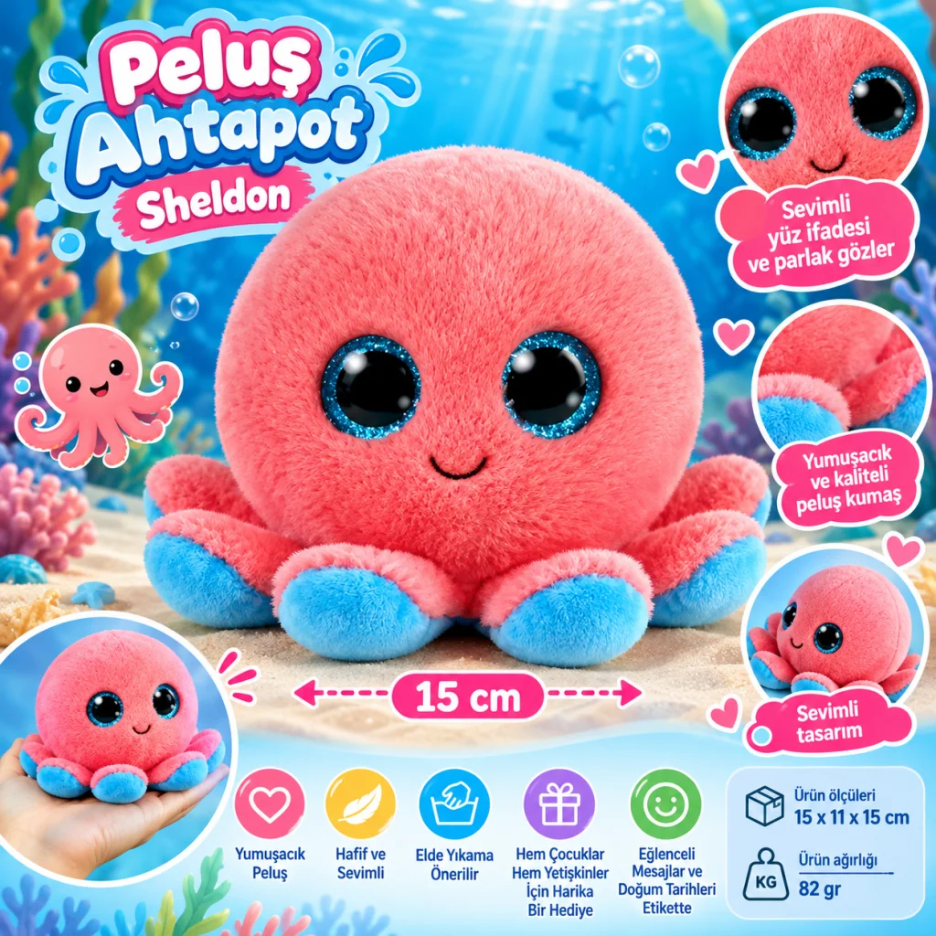 Peluş Pembe Ahtapot Sheldon 15 cm