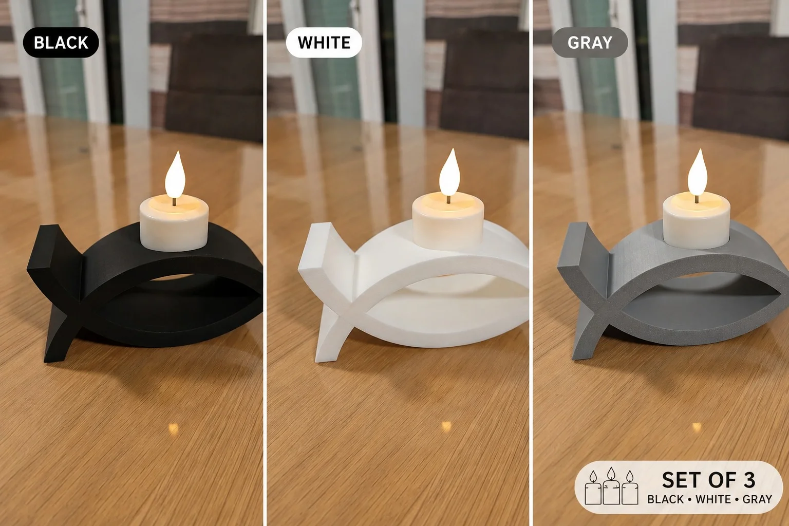 3D Baskı 3lü Balık Figürlü Dekoratif Mumluk Seti - Tealight Mumluk, Modern Ev ve Ofis Dekoru görsel 2