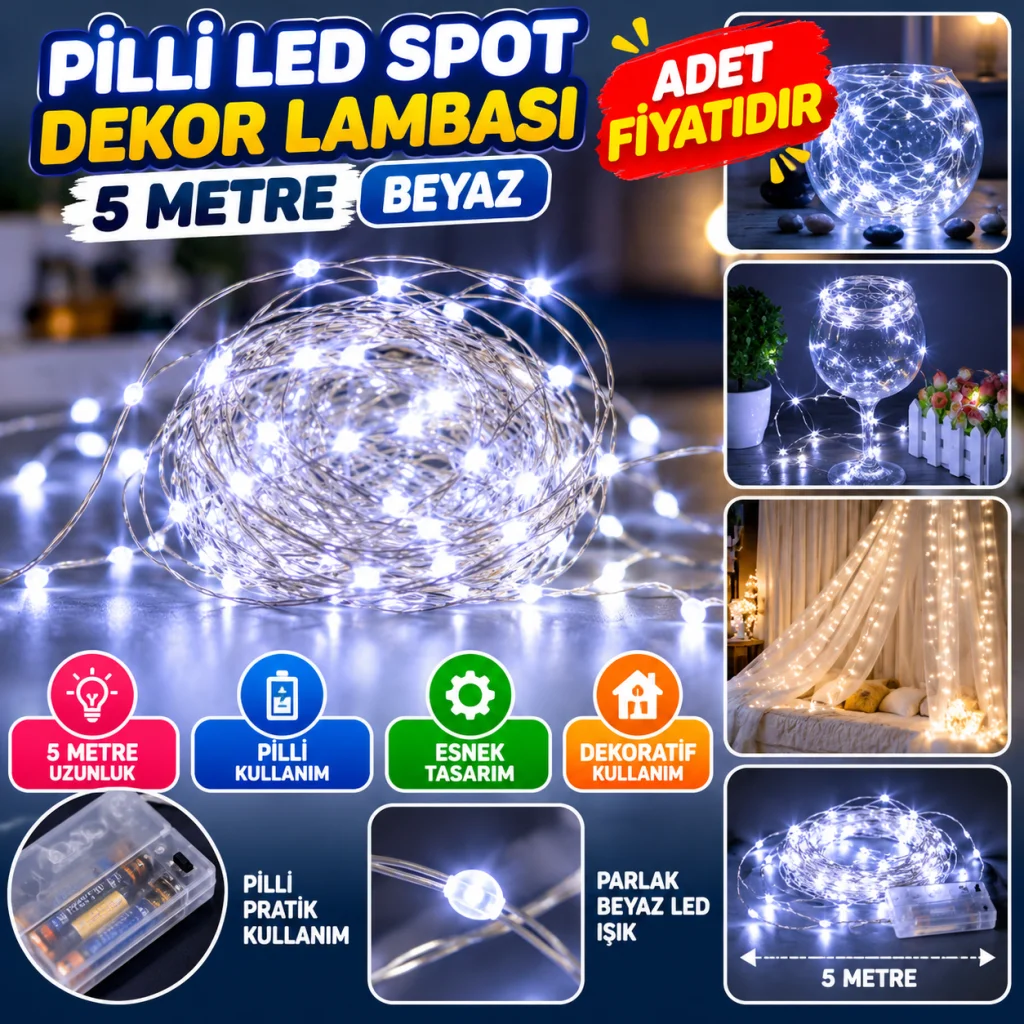 Pilli 5 metre Dekoratif Peri Led Beyaz Aydınlatma Süsleme Lambası (adet fiyatıdır)