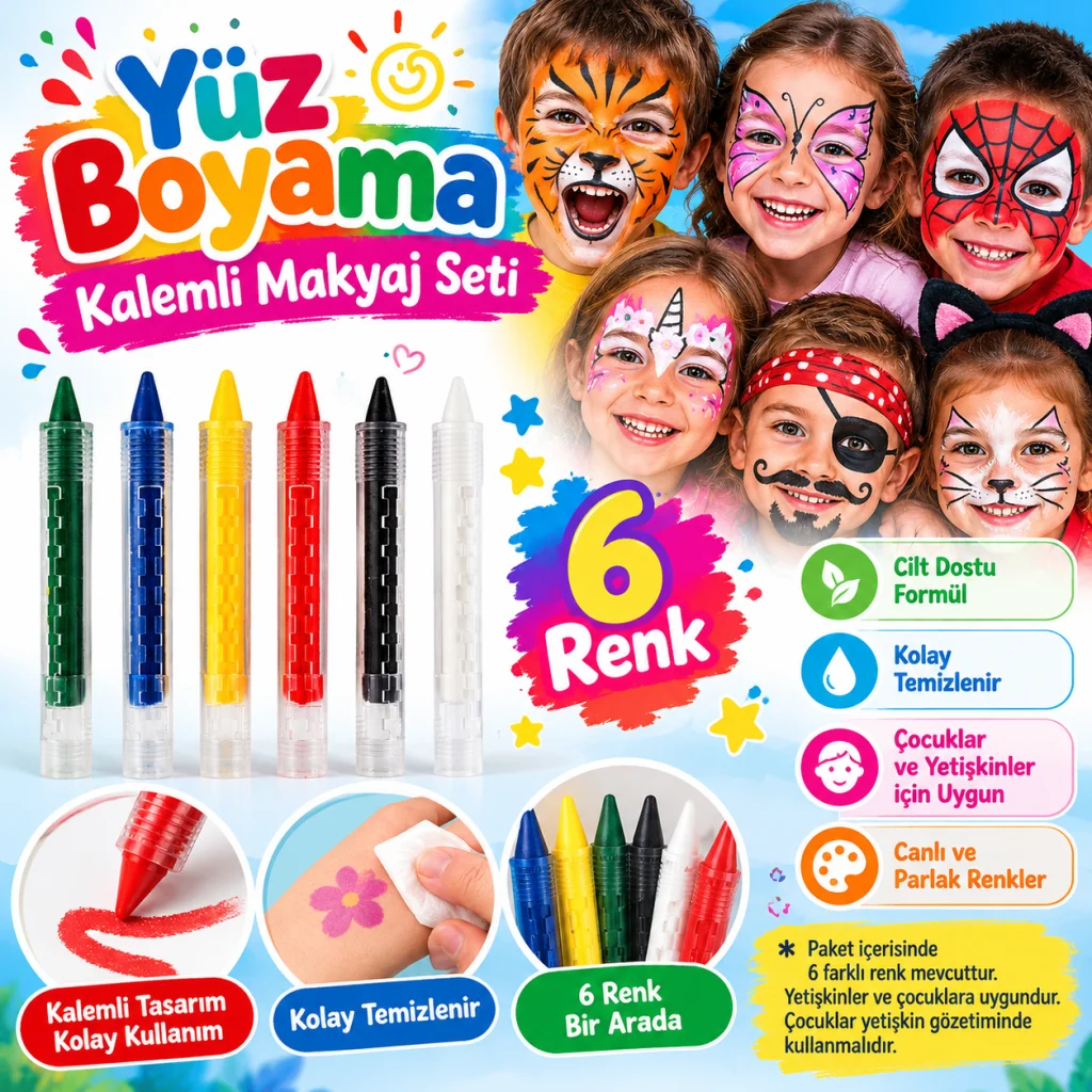 Palyaço Yüz Boyama Seti Kalemli Makyaj Boyama Seti 6 Renk görsel 5