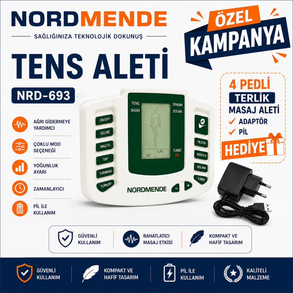 NORDMENDE TENS Cihazı 4 Pedli Dijital Masaj Cihazı | Adaptör 4 Ped ve Pil Hediyeli
