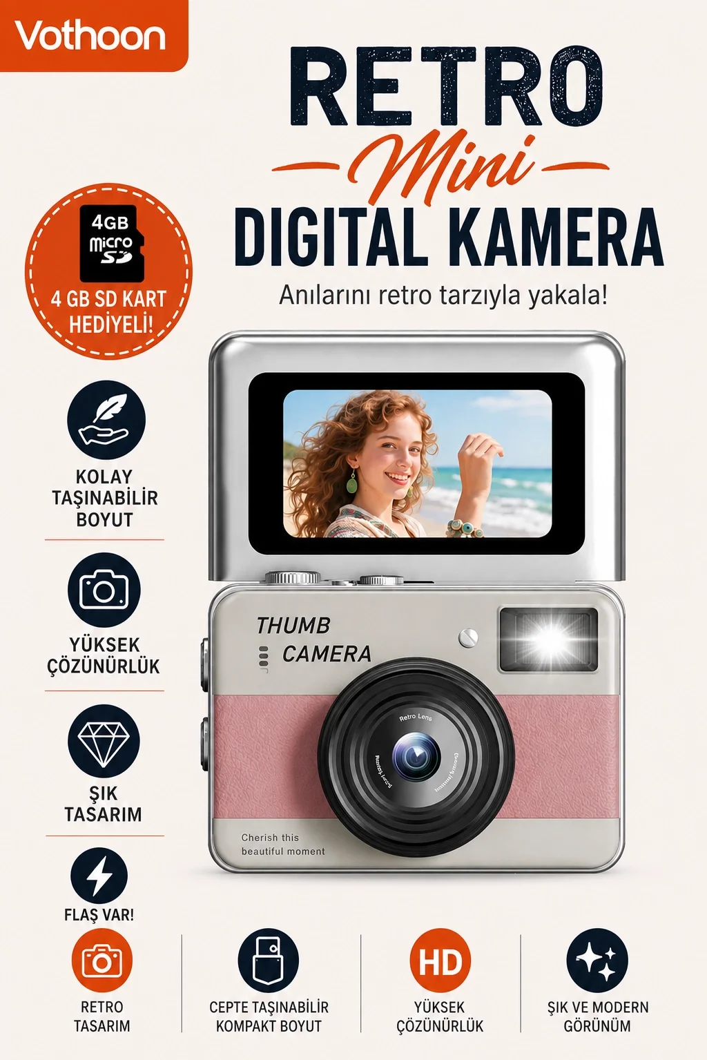 Retro ni Dijital Kamera 1080P 1.47 İnç Flip Ekranlı Flaşlı Selfie Vlog Kamerası 4GB SD Hediyeli Pembe